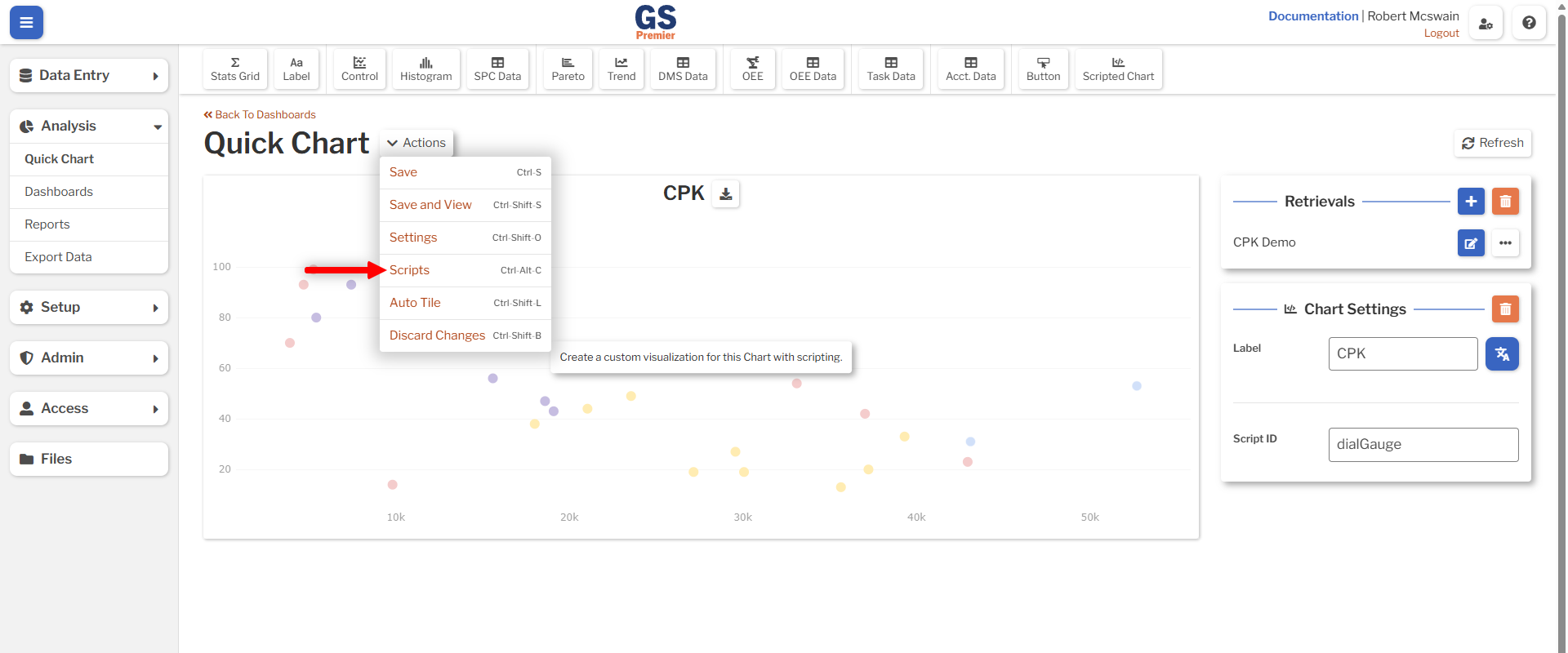 Dashboard Script Action An image showing the location of the Dashboard Script action