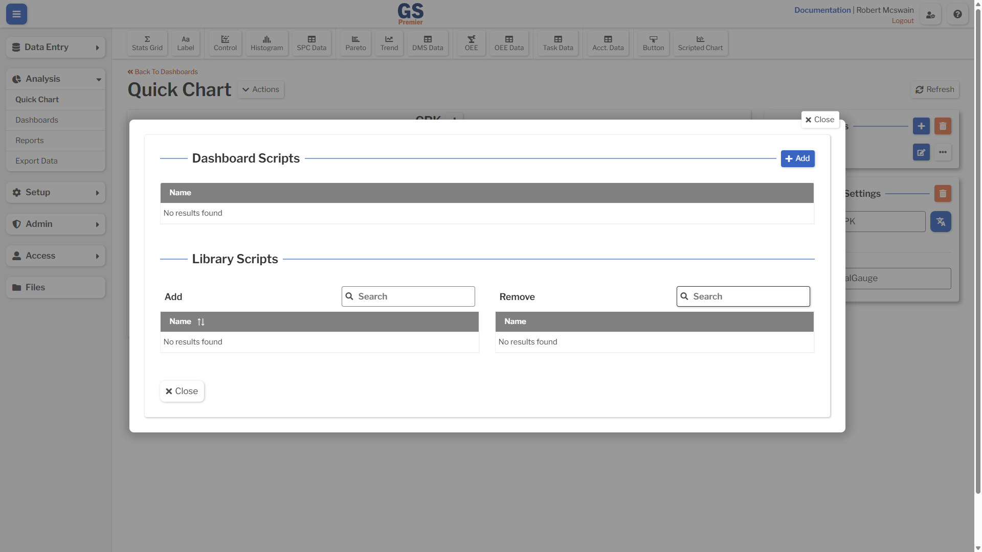 Dashboard Script Overlay An image showing the location of the add button in the Dashboard Script overlay