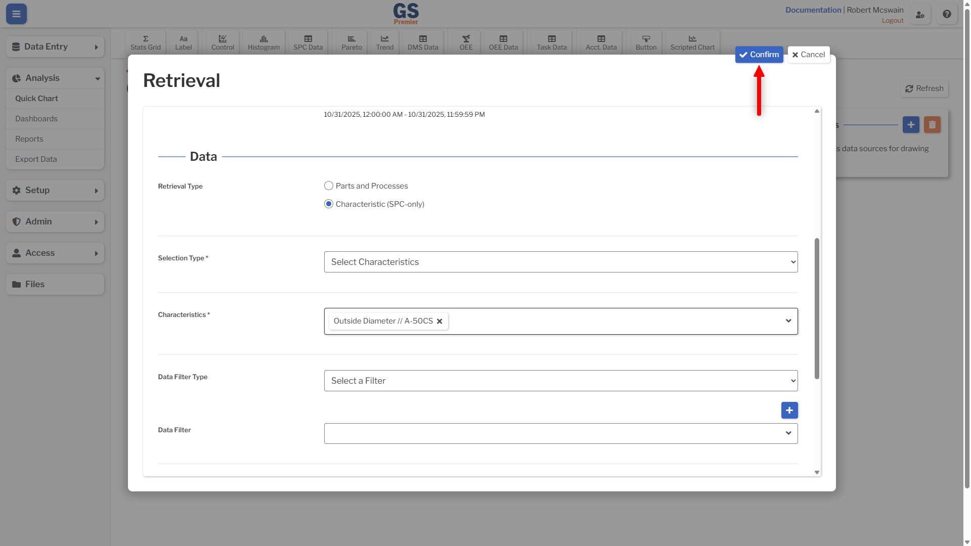 Retrieval Confirm An image showing the confirm button