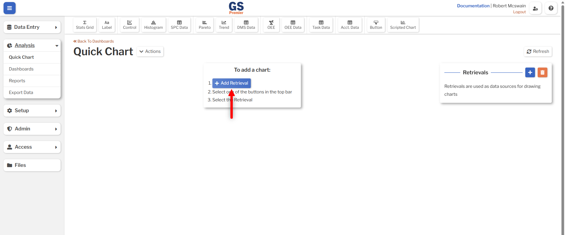 Add Retrieval An image showing the location of the Add Retrieval button on the Dashboard