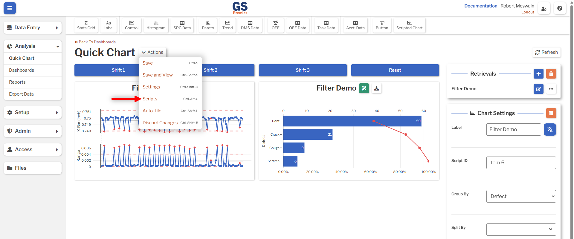 Dashboard Script Action An image showing the location of the Dashboard Script action