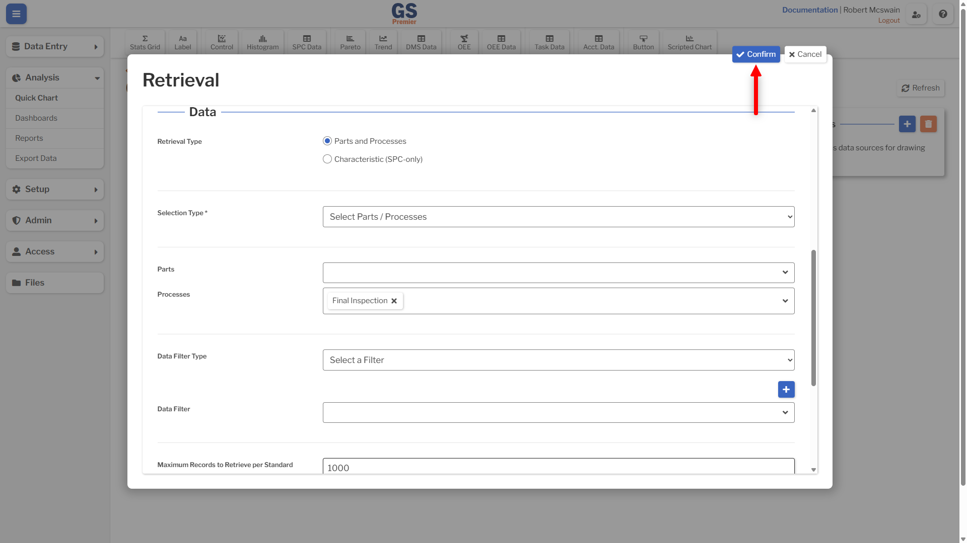 Retrieval Confirm An image showing the confirm button