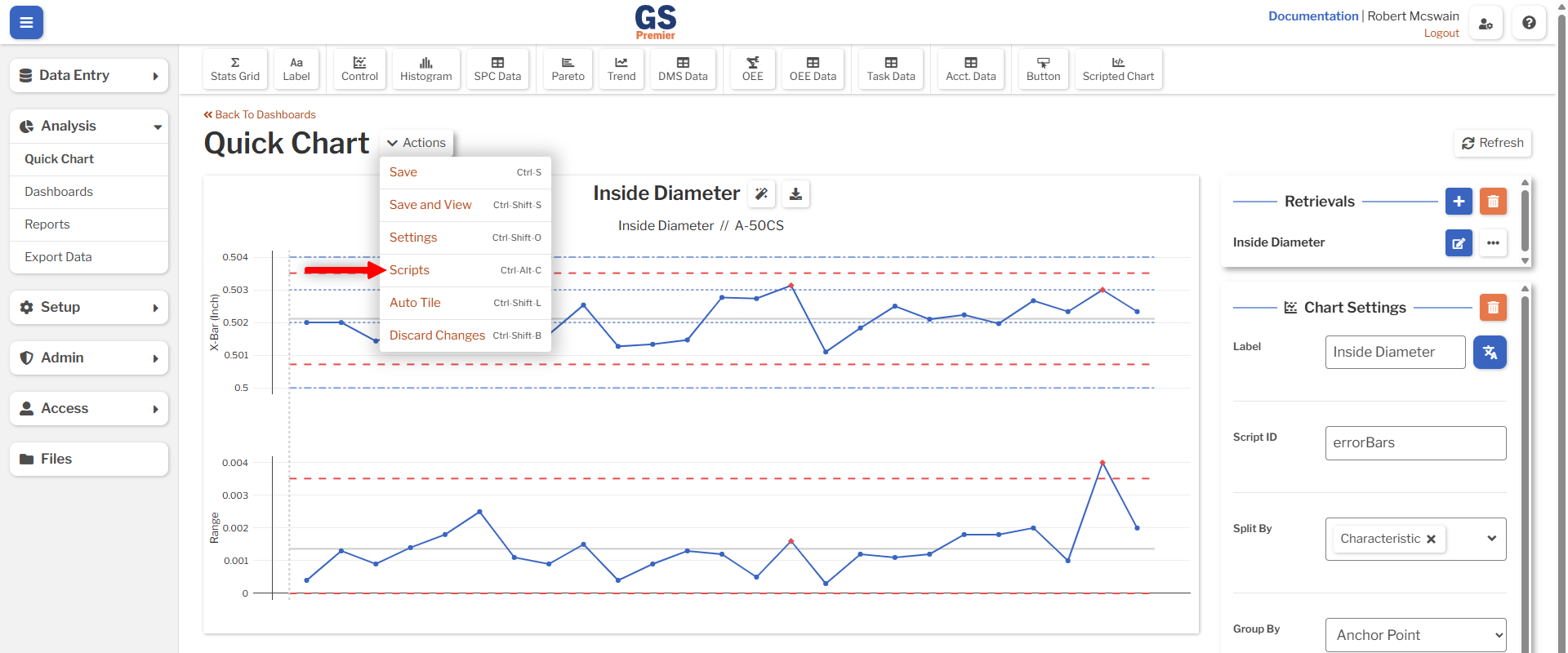Dashboard Script Action An image showing the location of the Dashboard Script action