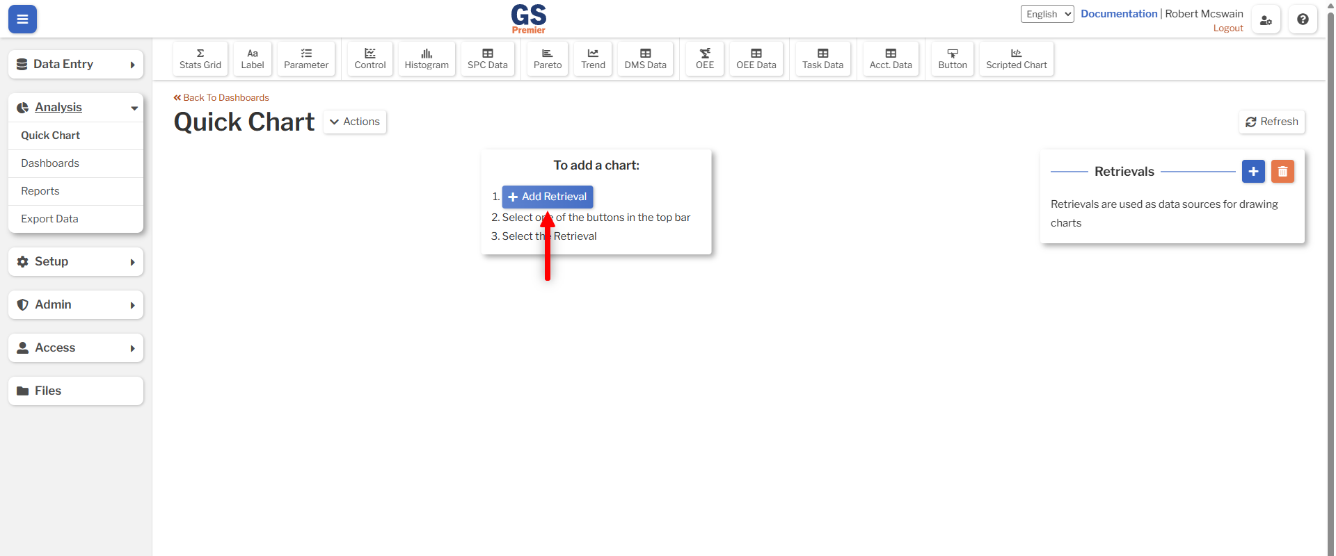 Add Retrieval An image showing the location of the Add Retrieval button on the Dashboard