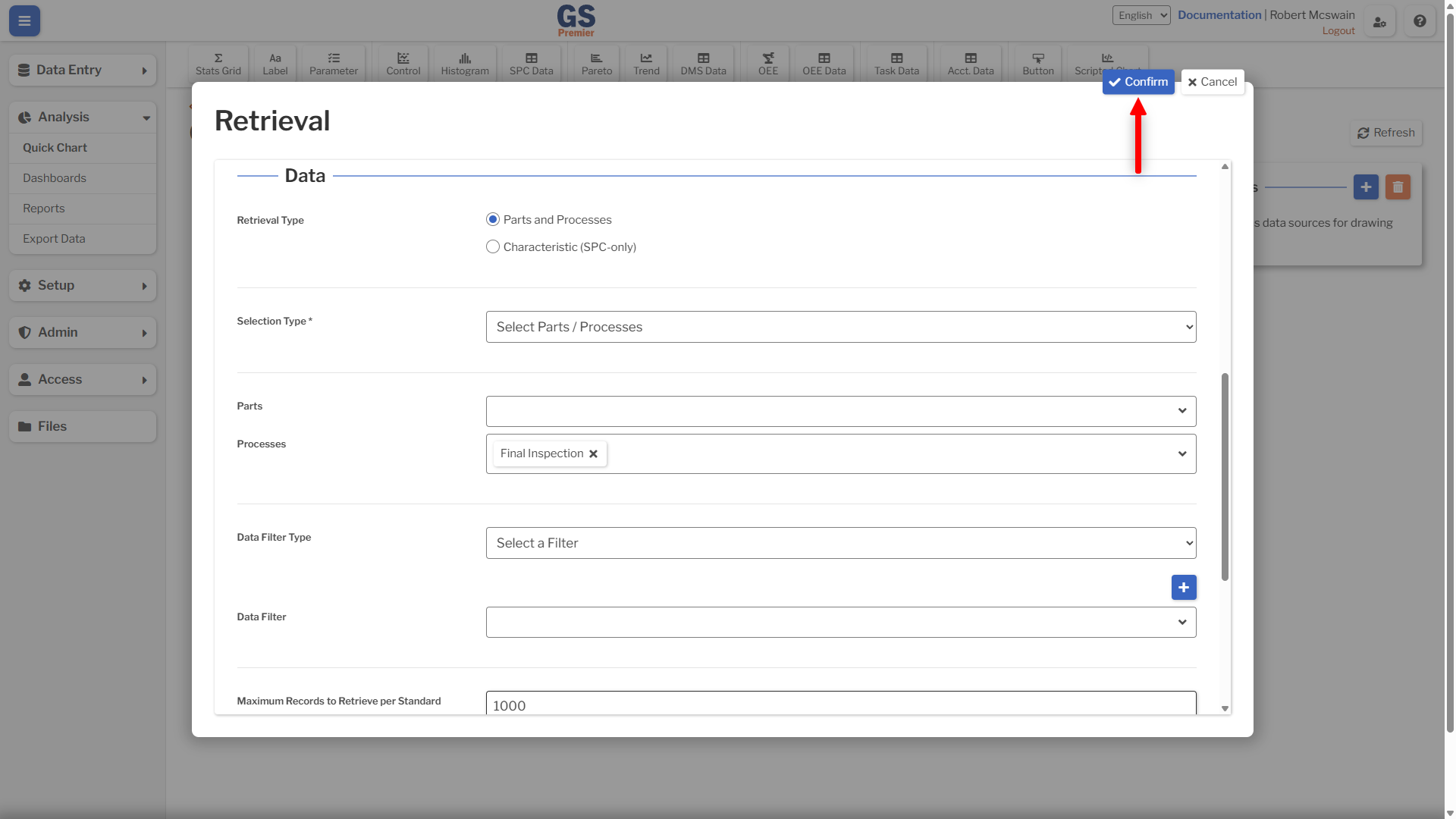 Retrieval Confirm An image showing the confirm button