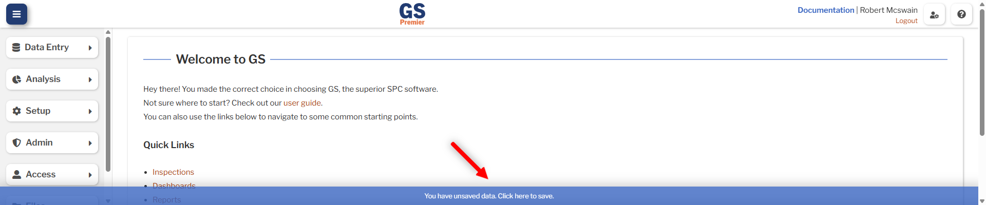 Unsaved Data Bar An image showing the notice about unsaved data