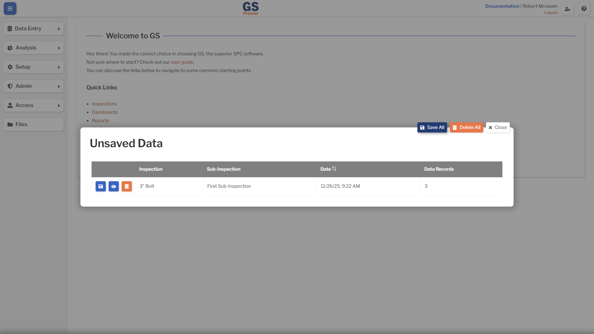 Unsaved Data Overlay An image showing the unsaved data overlay