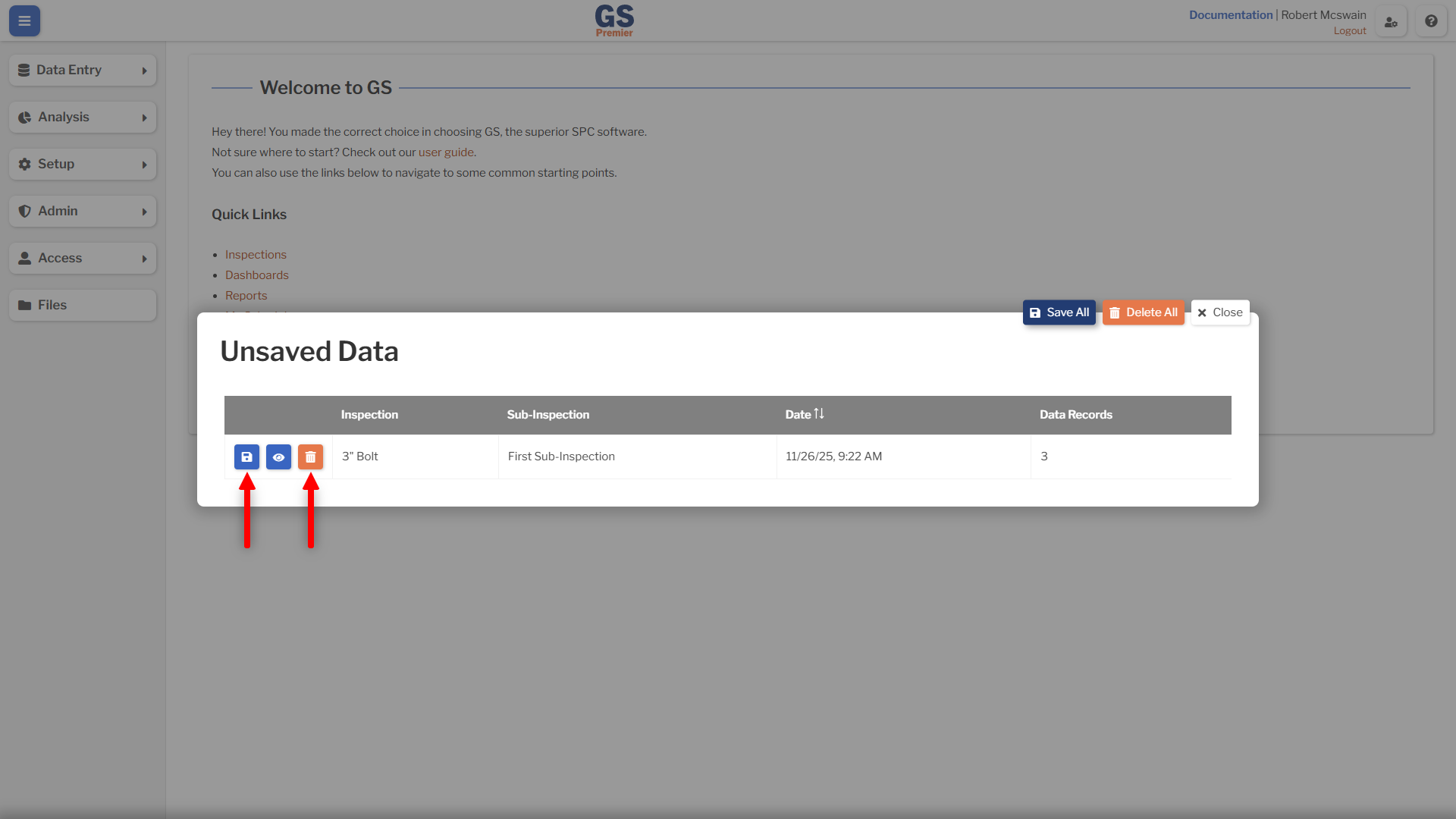 Unsaved Data Save Delete Buttons An image showing the unsaved data overlay save and delete buttons