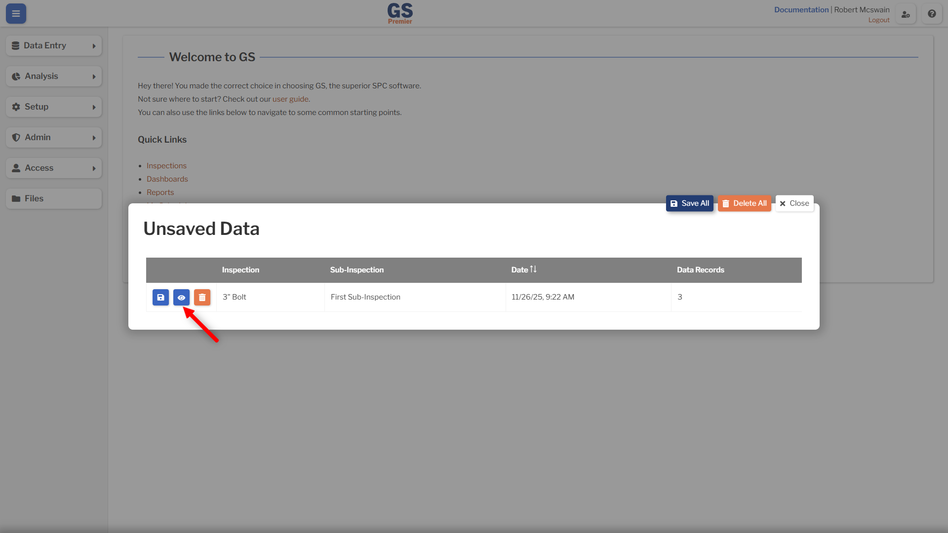 Unsaved Data View Button An image showing the unsaved data overlay view button