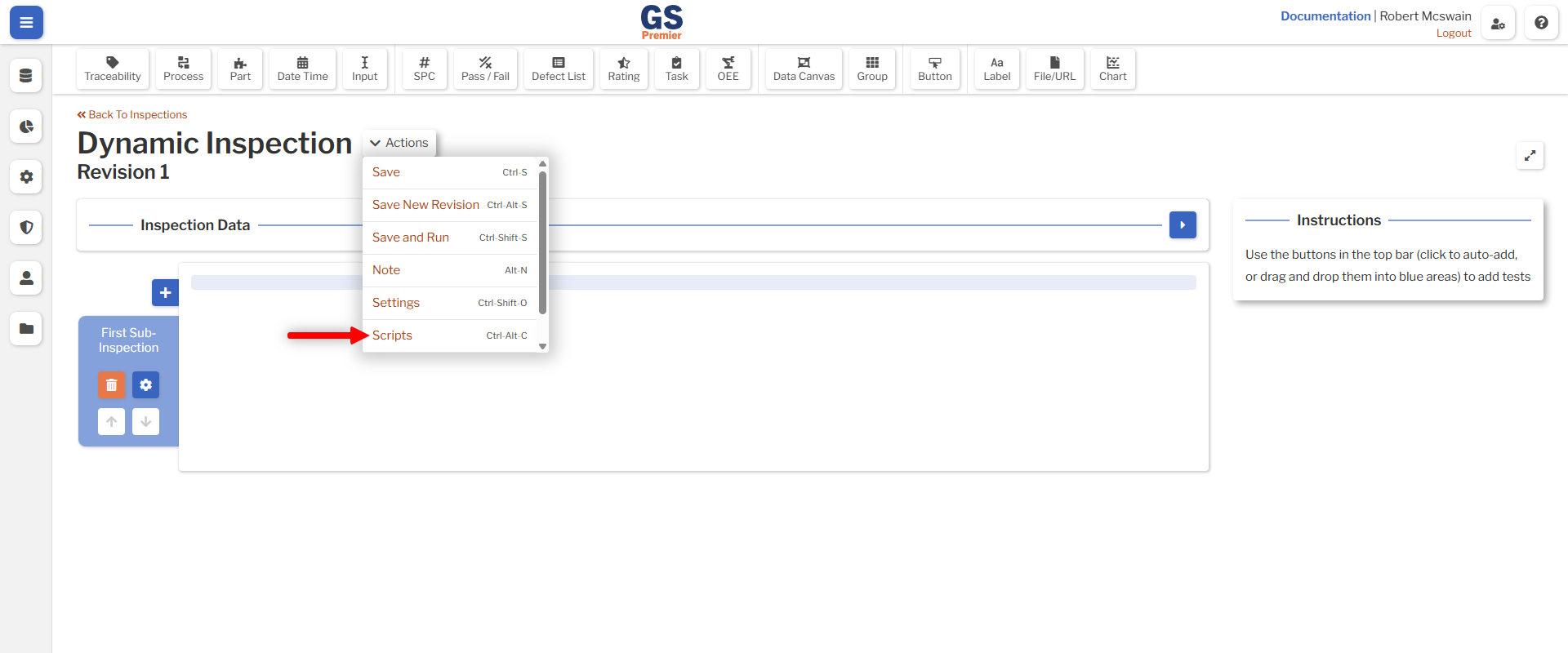 Script Action An image showing the location of the Script action in the Inspection Editor