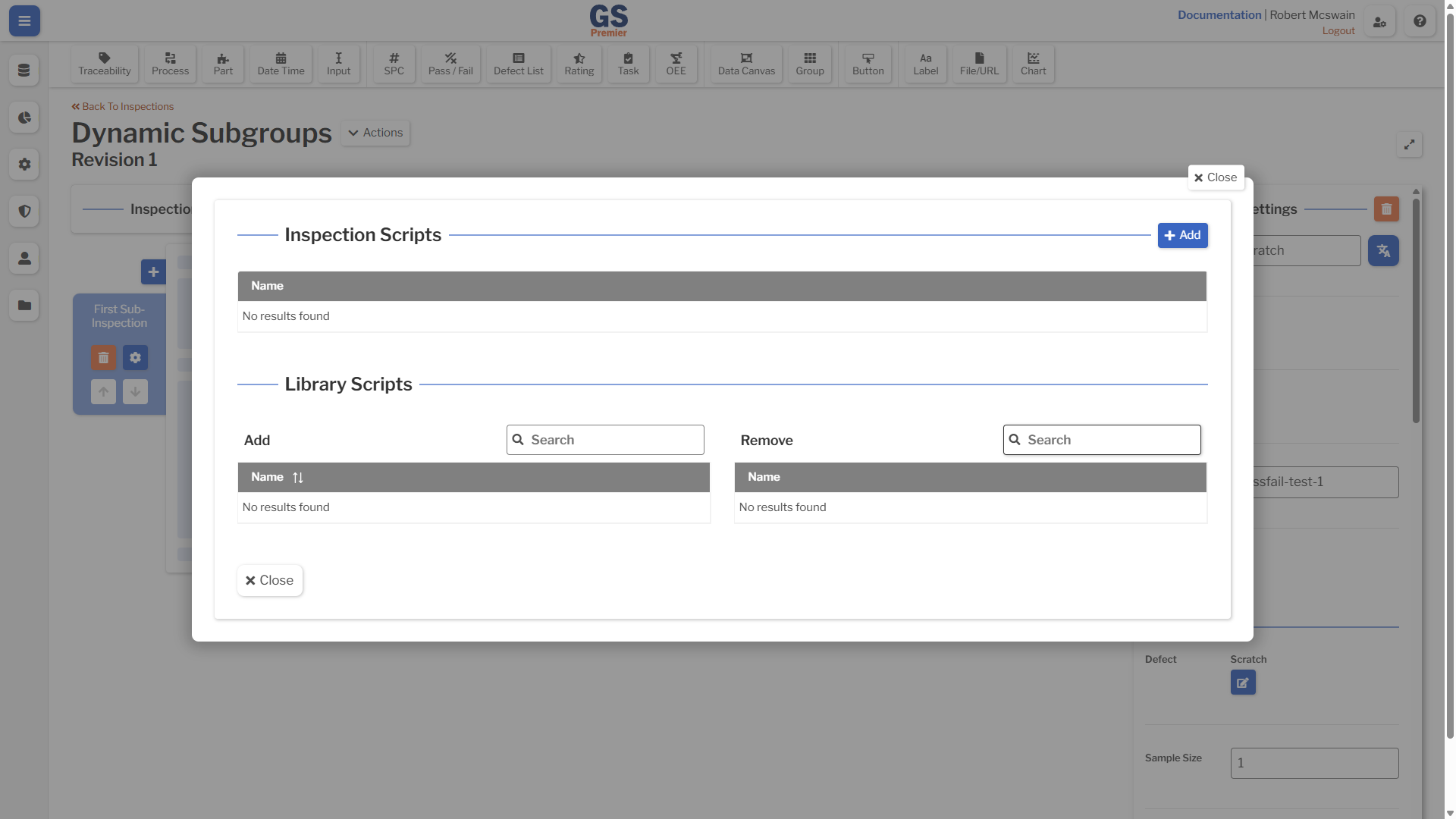 Inspection Script Overlay An image showing the location of the add button in the Inspection Script overlay