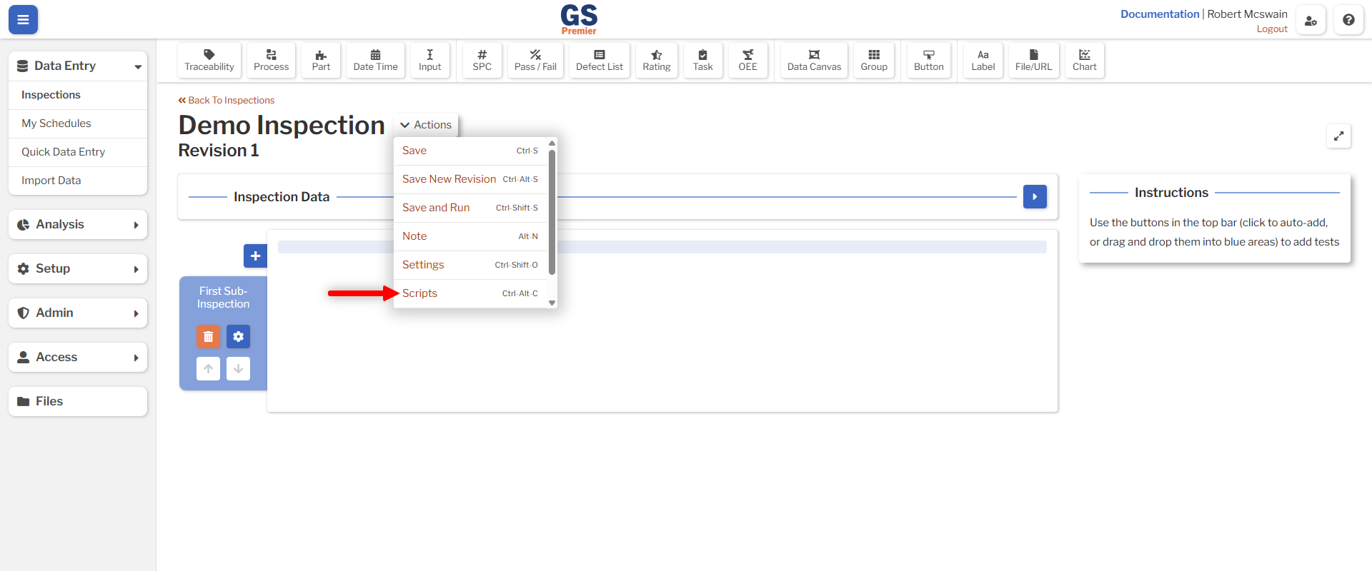 Script Action An image showing the location of the Script action in the Inspection Editor