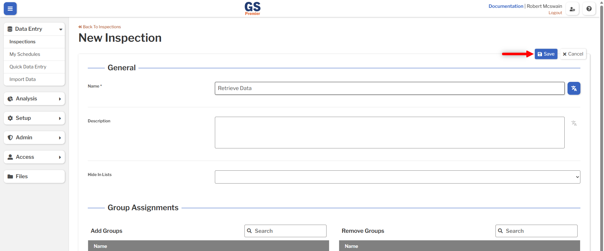 Inspection Create An image showing the location of the save button on the Inspection create