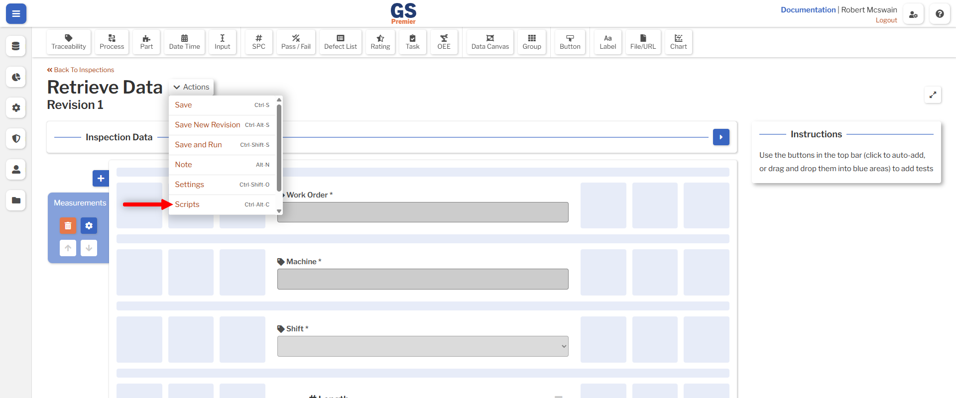 Inspection Script Action An image showing the location of the Inspection Script Action