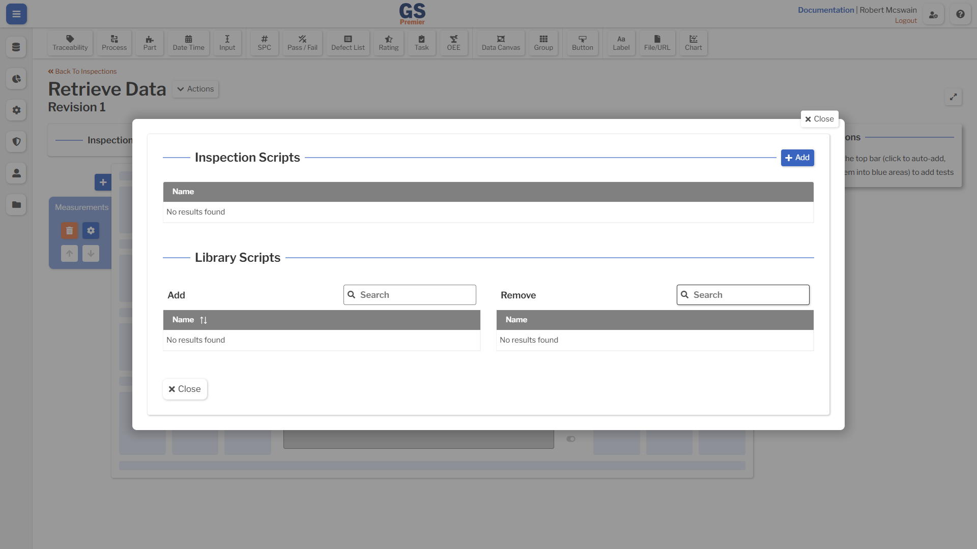 Inspection Script Overlay An image showing the location of the add button in the Inspection Script overlay