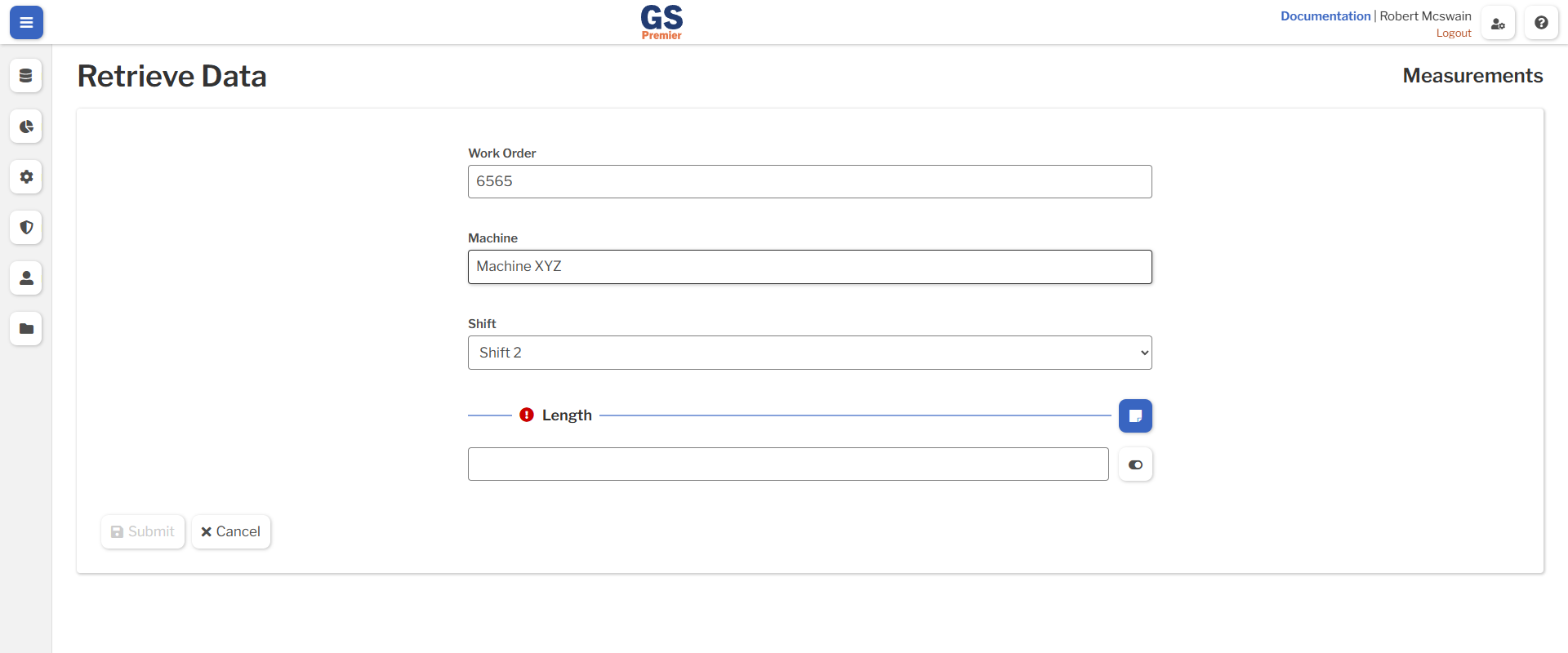Running Inspection An image of the running Inspection, with Work Order 6565 selected and the Machine and Shift Traceability populated