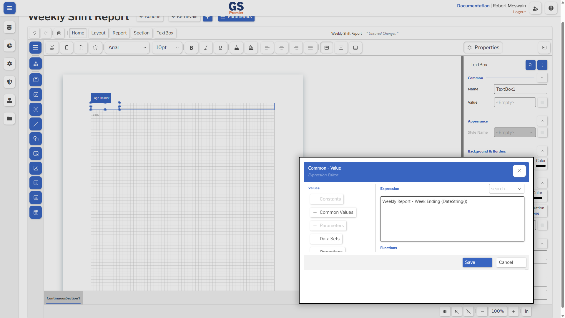 Expression Editor Overlay An image showing the Expression Editor overlay with the page number expression