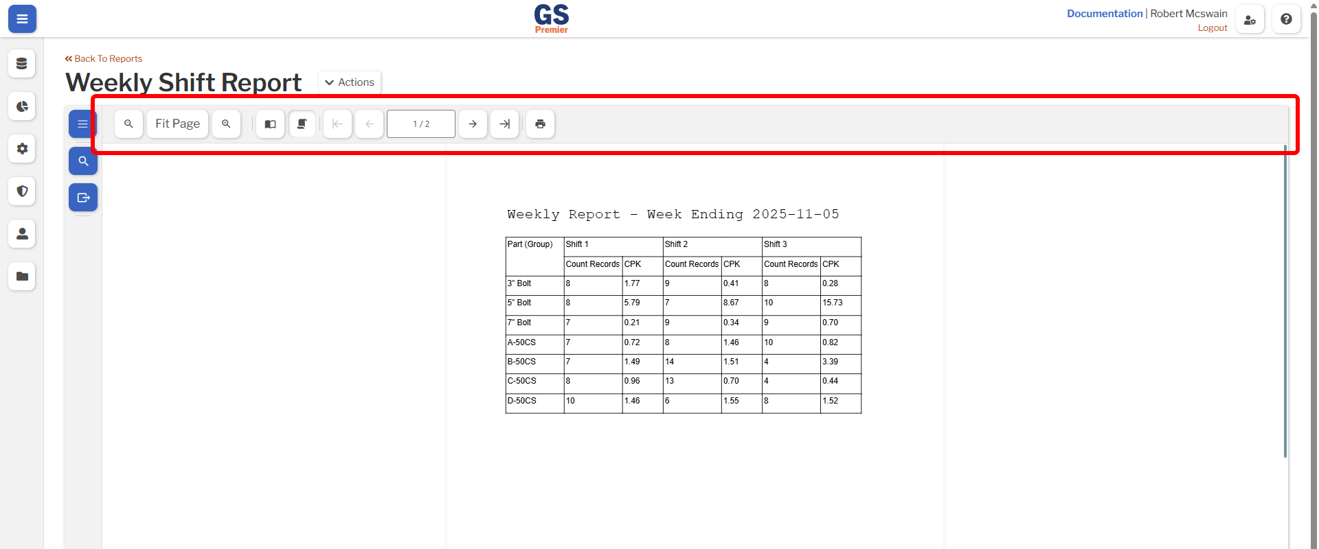 Report Viewer Toolbar An image showing the report viewer toolbar