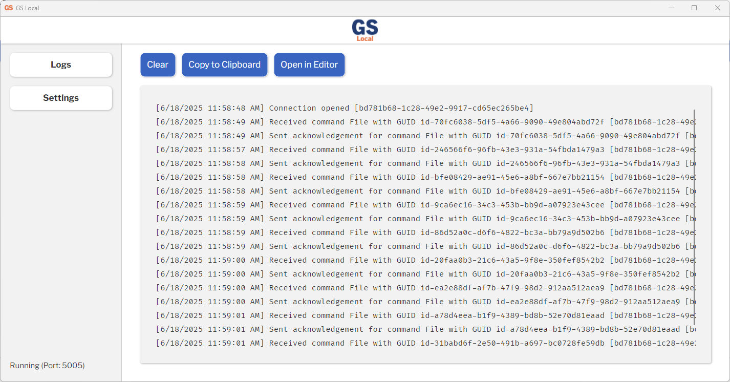 GS Local Logs page GS Local Logs page